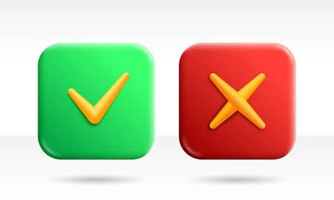 Accept and reject vector 3d render buttons. Tick check and cross marks on green Stock Illustration