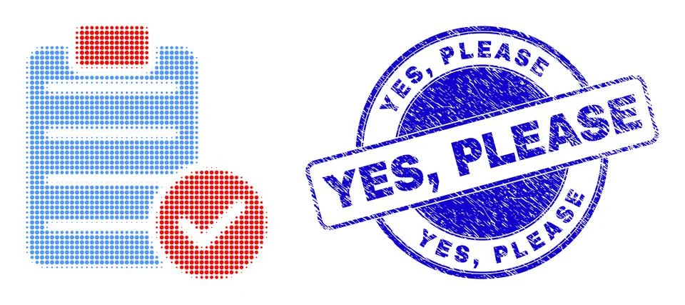 Accept Pad Text in Halftone Dot Style with Blue Distress Yes, Please Stamp Seal Stock Illustration