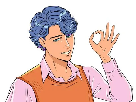 Acceptance of the proposal. Nice anime guy showing ok sign. Great working Stock Illustration