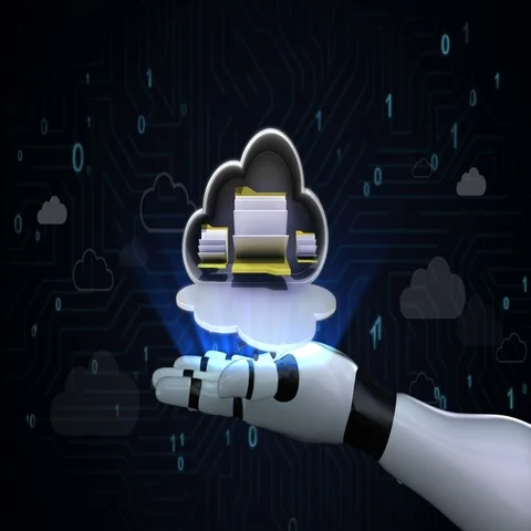 Access Cloud file security, Opened cloud safe. folder on robot cyborg palm Stock Footage 69675008