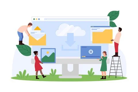 Access to cloud service, database, tiny people holding icons of multimedia file Stock Illustration