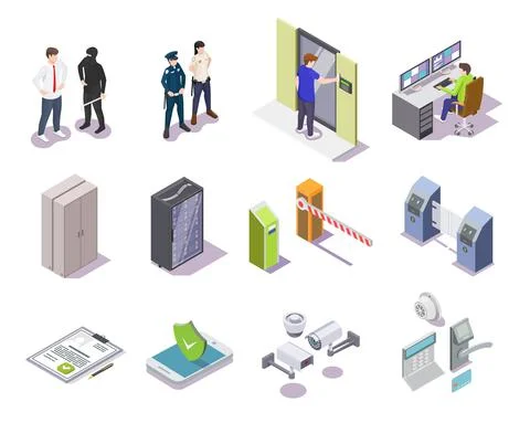 Access control system isometric 3d vector set Stock Illustration