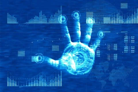 Access to data analytics. Hand scans fingerprints to access statistics. Graph Stock Photos