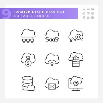 Access to data on cloud based resources pixel perfect linear icons set Stock Illustration