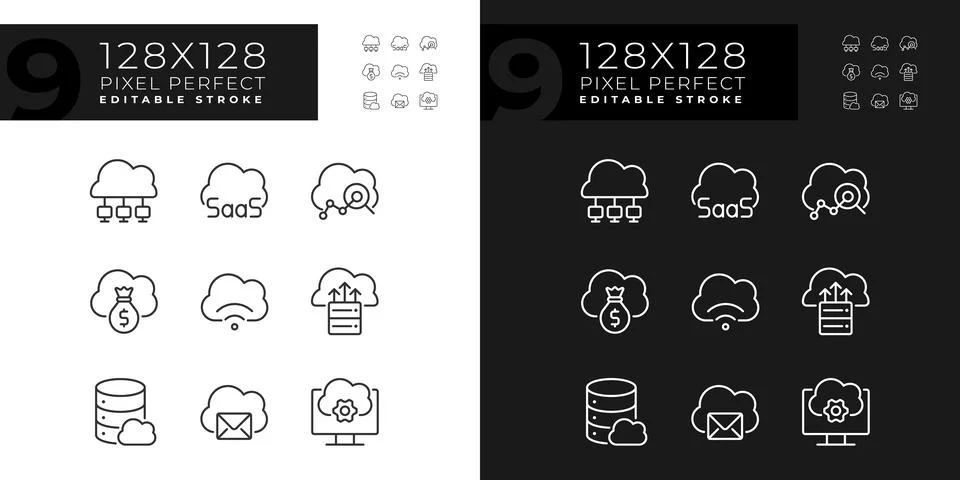 Access to data on cloud pixel perfect linear icons set for dark, light mode Stock Illustration