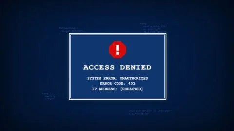 Access Denied Error Message on Dark Blue Screen with Glitch Effect and Excla Stock Footage 336617878