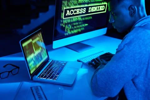 Access denied, screen or black man hacking computer for cybercrime, malware or 写真素材