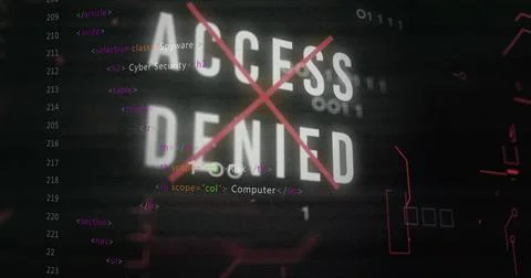 Access Denied text image over computer code and binary numbers Stock Photos