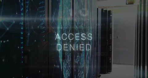 ACCESS DENIED text overlay pulsing between vented racks in data center aisle, 스톡 사진