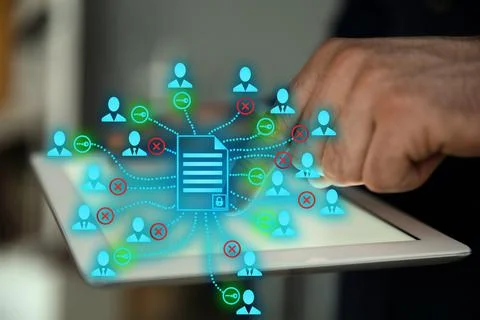Access to documents. Man using tablet, closeup. Scheme over device Foto stock
