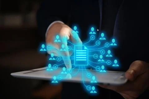 Access to documents. Man using tablet, closeup. Scheme over device 스톡 사진