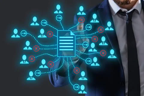 Access to documents. Man using virtual screen with scheme, closeup 스톡 사진