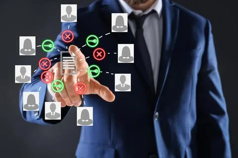 Access to documents. Man using virtual screen with scheme, closeup Foto stock