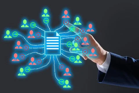 Access to documents. Man using virtual screen with scheme, closeup 스톡 사진