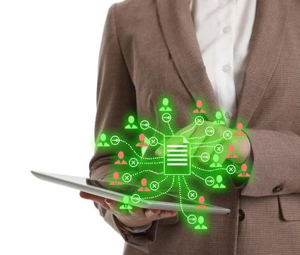 Access to documents. Woman using tablet, closeup. Scheme over device Foto stock
