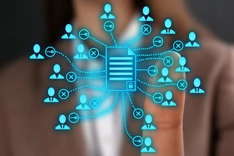 Access to documents. Woman using virtual screen with scheme, closeup 스톡 사진