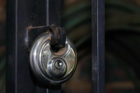 Access Gate Secured With Round Stainless Steel Lock Stock Photos