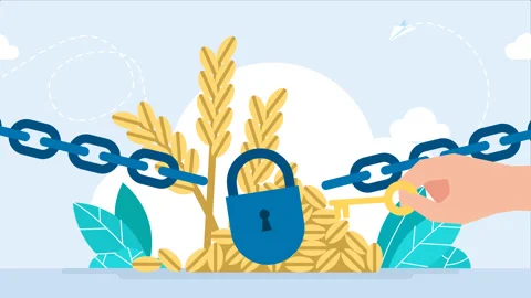 Access to grain is closed. A pile of grain behind a chain with a closed lock. Stock Footage 247660949