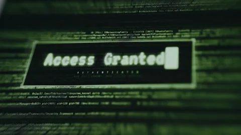 Access Granted digital notification popup over strings of green computer code Stockbeeldmateriaal 335870663
