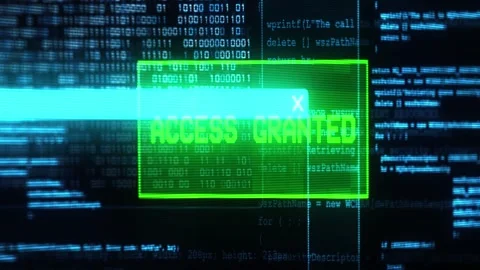 Access Granted displayed in glowing green text against a dark  futuristic ba Stock Footage 292963599