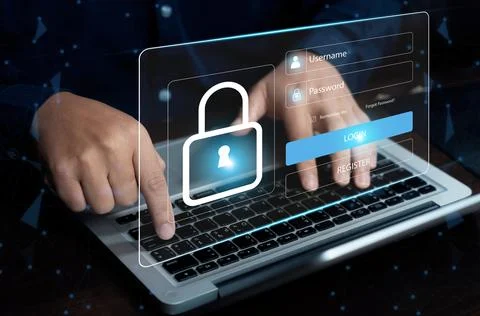 Access the system with a login by username and password on the virtual scre.. Foto stock