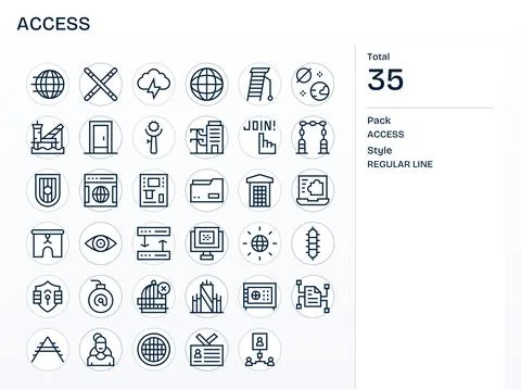 Access Visual Pack containing 35 Regular Line Pixel Aligned Vector Icons Stock Illustration