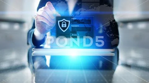 Access window with login and password on virtual screen. Cyber security and Stock Photos