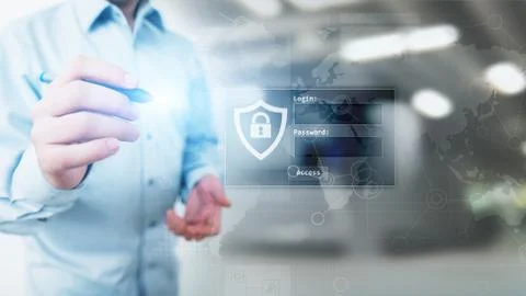 Access window with login and password on virtual screen. Cyber security and Stock Photos