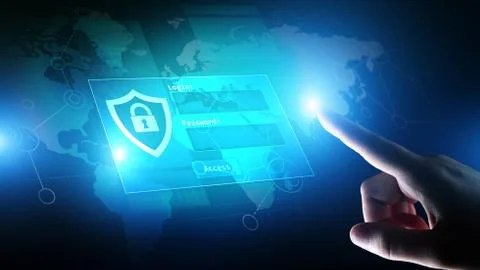 Access window with login and password on virtual screen. Cyber security and 스톡 사진