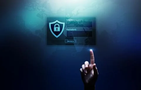 Access window with login and password on virtual screen. Cyber security and Stock Photos