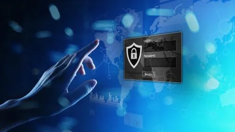 Access window with login and password on virtual screen. Cyber security and Stock Photos