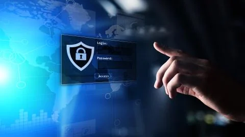 Access window with login and password on virtual screen. Cyber security and 스톡 사진