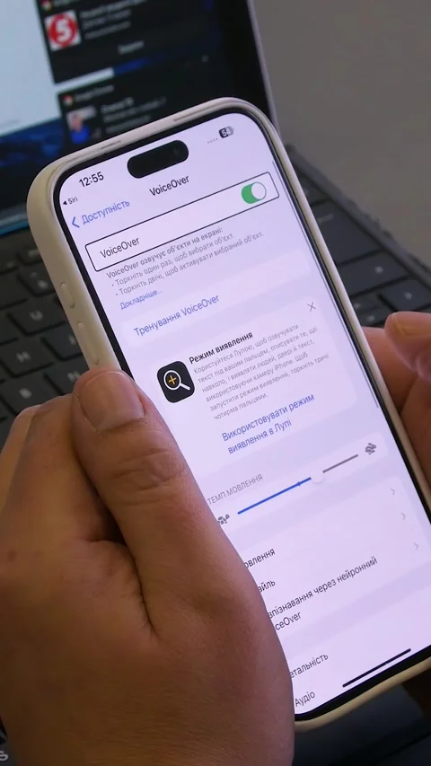 Accessibility of gadgets for people with visual impairment. Vertical video. Stock Footage 303415757