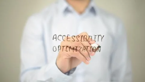 Accessibility Optimization, Man writing on transparent screen Stock Photos