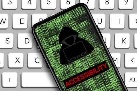 Accessibility word and Hacker icon in mobile phone with digital code numbers. イラスト素材
