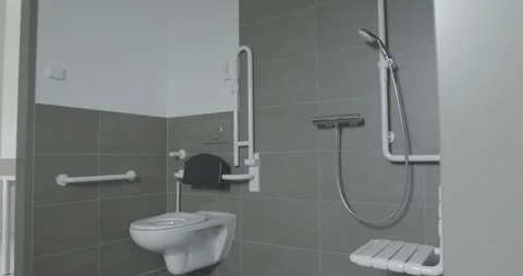 Accessible Bathroom With Grab Bars and Folding Shower Seat, Care Interior Stock Footage 340360393