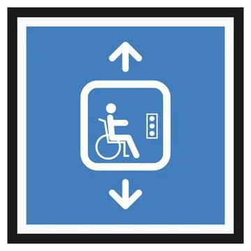 Accessible elevator for wheelchair users, blue public information sign, acc.. Ilustración de archivo