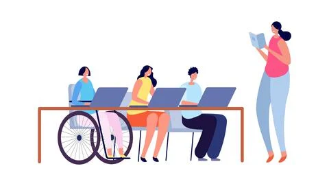 Accessible environment. Disabled child in school, collaborative learning and Illustrazione stock