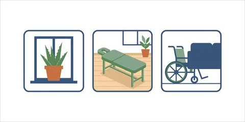 Accessible Wellness Interior Design With Plants Wheelchair and Treatment Bed 스톡 일러스트