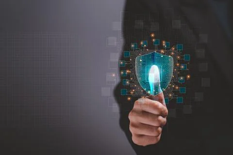 Accessing big data with finger scan with safety shield, data protection, Conc Stock Photos