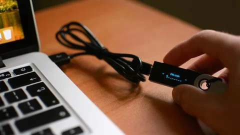Accessing Ledger cold hardware Bitcoin cryptocurrency wallet by entering secure 動画素材 93944185