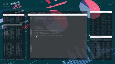 Accessing terminal with code, animation over abstract data visualization at Stock Footage 303692807