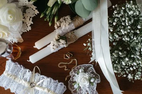 Accessories for the bride before the wedding 스톡 사진