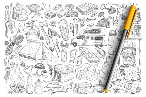 Accessories for camping doodle set Stock Illustration