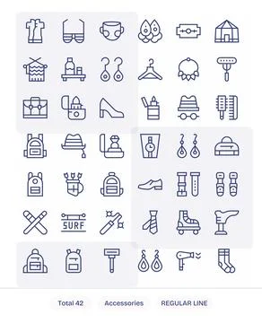 Accessories featuring 42 128x128 Vector Icons in Regular Line Design Stock Illustration