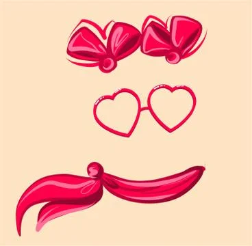 Accessories, isolated. Vector glasses in the shape of a heart, bows and a light Stock Illustration