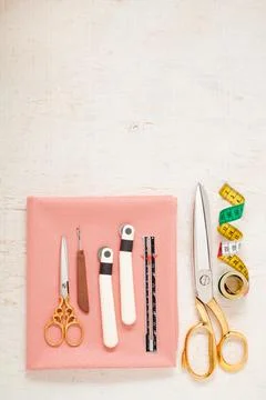 Accessories for sewing on a white surface 스톡 사진