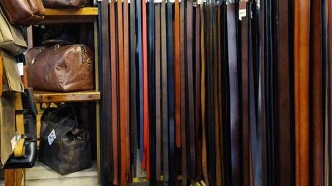 Accessories Store. Leather purses, wallets, bags and belts. Video stock 120734817