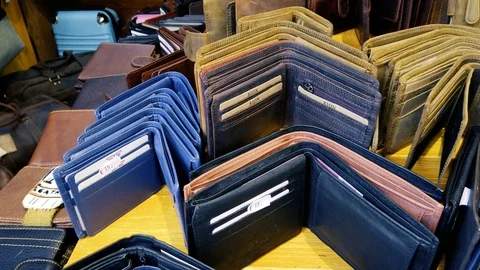 Accessories Store. Leather purses, wallets, bags and belts. Video stock 122571059