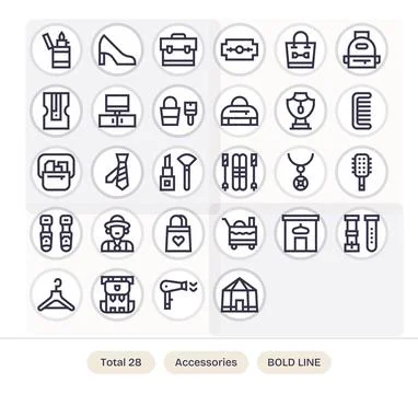 Accessories Vector Icon Collection with 28 64x64 Bold Line Designs Stock Illustration